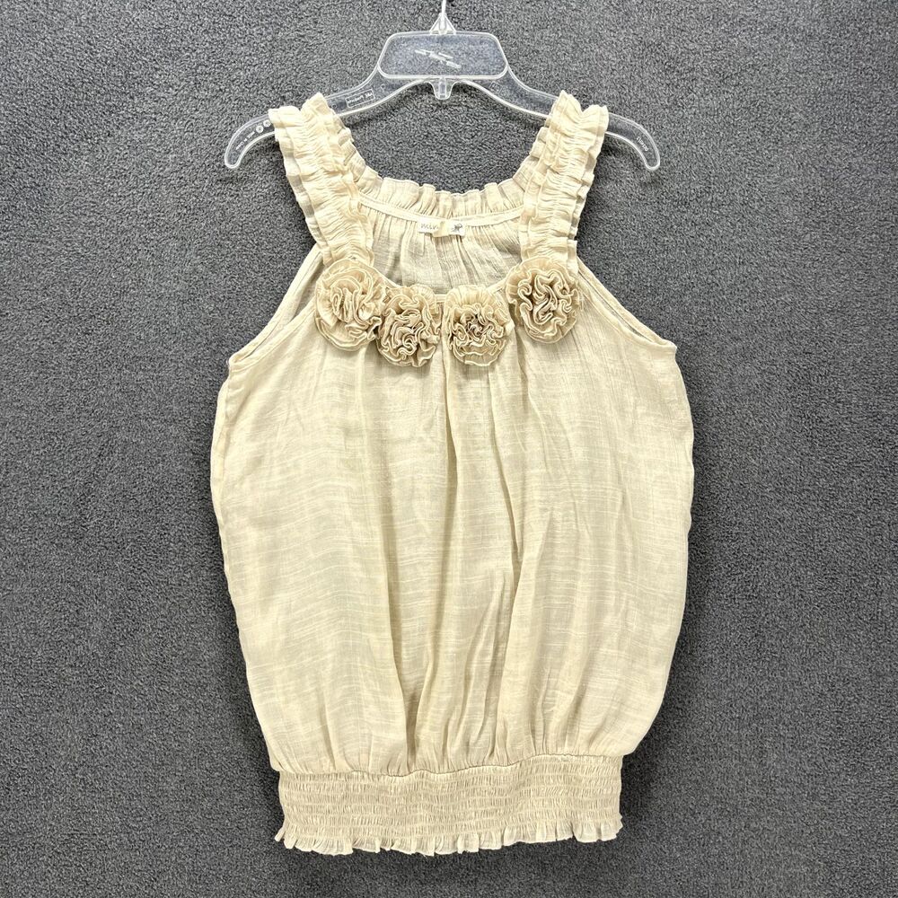 Mine Top‎ Womens Small Beige Ruffle Sleeveless Blouse semi sheer flower neck